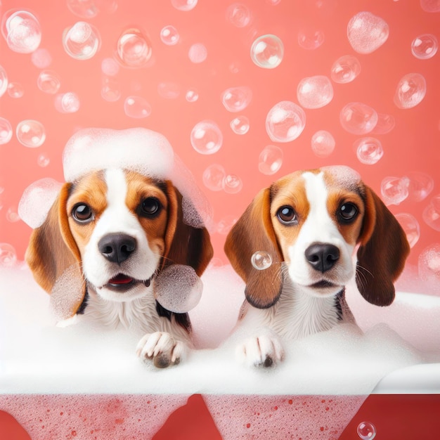 Happy Beagle Dog en el baño con espuma y burbujas ai generativo