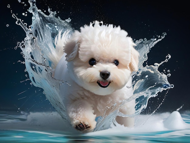 Happy Bichon Frise perro corriendo a través de salpicaduras de agua Ilustración 3D realista