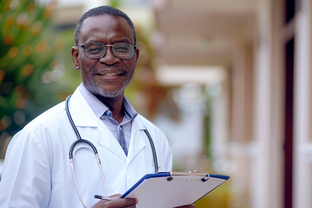 Happy Black Doctor con Clipboard Profesional de la salud en bata blanca Hombre de mediana edad en un entorno médico