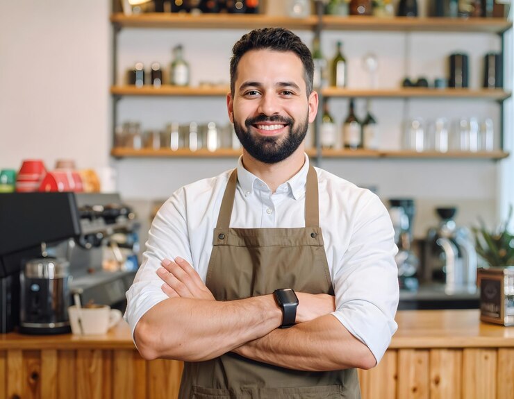 Happy cafe owner with arms crossed smiling at the camera
