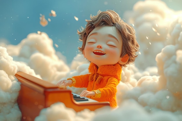 Happy Cartoon Boy tocando piano nas nuvens em close-up extremo AI gerativa