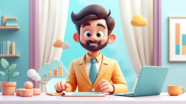 Happy cartoon businessman working in office
