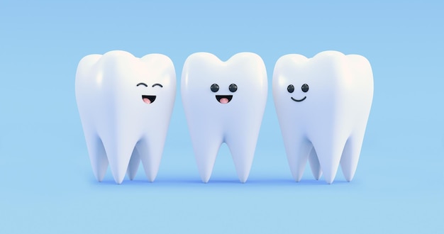 happy cartoon teeth in blue background 3d render