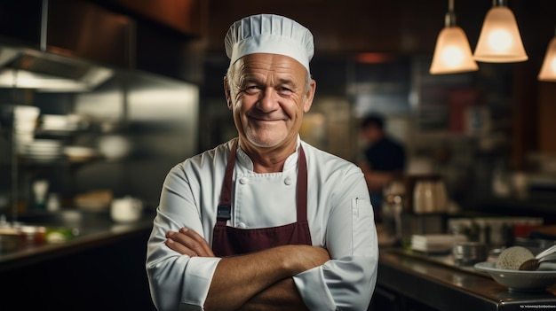 Happy Chef un hombre adulto de un gran restaurante sonriendo en una cocina moderna