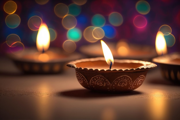 Happy Diwali Diya acende uma vela acesa cria uma atmosfera de meditação e paz interior gerada por Ai