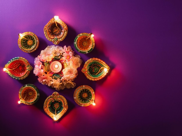 Foto happy diwali lâmpadas coloridas de argila diya acesas durante a celebração do diwali