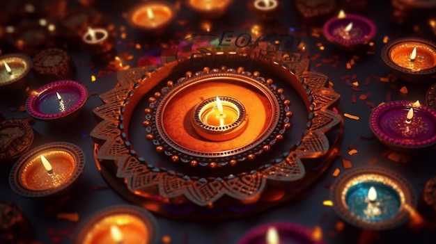 Happy Diwali Poster Design con lámparas de aceite encendidas en rangoli colorido durante la celebración de diwali