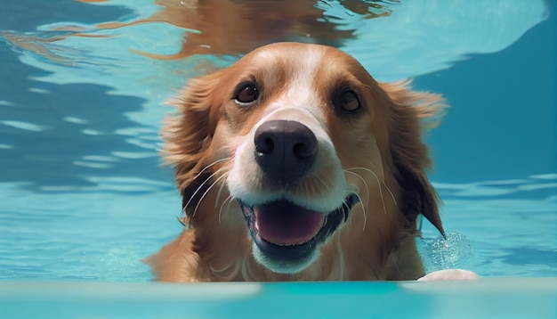 Happy Dog se divertindo nas férias de verão em uma piscina