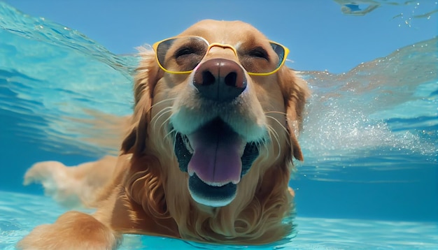 Happy Dog se divertindo nas férias de verão em uma piscina