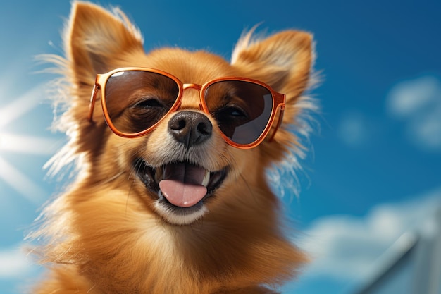 Happy Dog usando óculos escuros na praia contra o dia ensolarado do céu azul