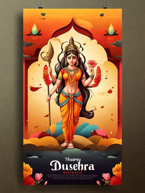 Foto happy dussehra celebration poster design mit hindu-mythologie lord rama hält bogen und pfeil gegen verbrannten braunen hintergrund