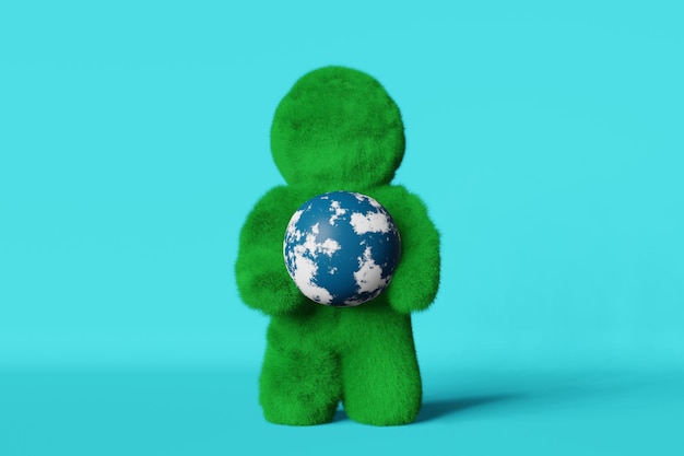 Happy Earth Day-Karte, 22. April, niedliches grünes Gras, Yeti, sauberer Planet, 3D-Rendering, Ökologie, Umwelteinsparung, Klimawandel