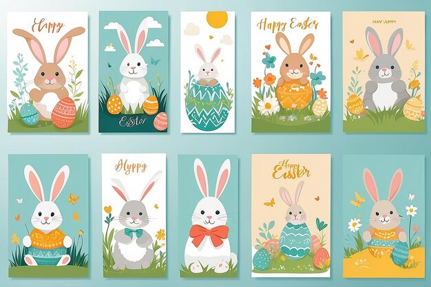 Foto happy easter cards set with rabbit mini posters collection vector illustration