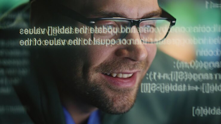 Foto happy experto en la creación de código en los datos holograma de primer plano desarrollador hombre programación