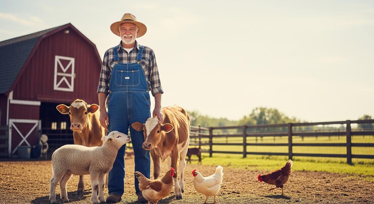 A Happy Farmer Posing with His Farm Animals