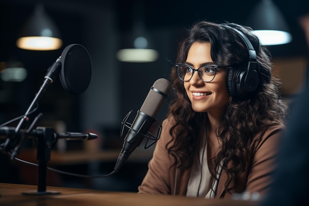 Foto happy female graba un podcast con auriculares sonriendo y mirando al invitado masculino mientras hace el podcast