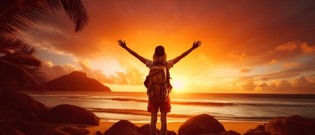 Foto happy female traveler mit rucksack und hands up ai generiert