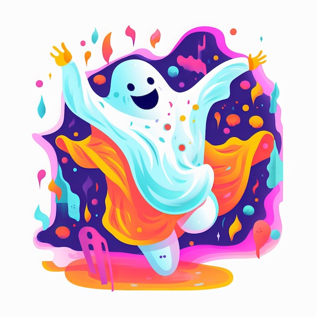 Foto happy ghost dancing em um fundo branco com cores coloridas ao redor