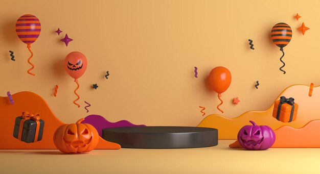 Foto happy halloween 3d-display-podium-dekorationshintergrund mit jack-o-laterne-kürbis-geschenkbox-ballon