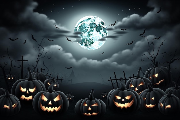 Happy Halloween Banner com abóboras Celebração assustadora e decorações assustadoras Configure a cena assombrada gerada ai