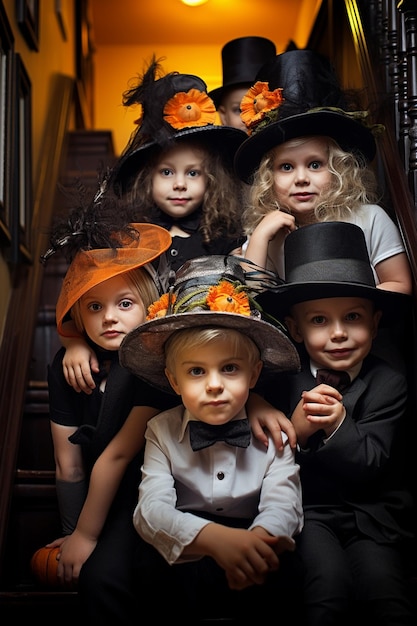Happy Halloween eine Gruppe von Kindern in Anzügen und mit Kürbissen im Haus
