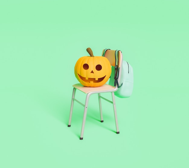 Happy Halloween Kürbis auf einem Schulstuhl