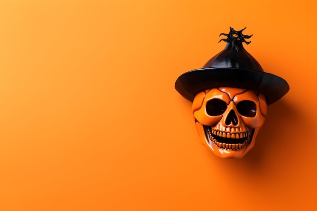 Happy Halloween mockup plano com crânio em um chapéu em fundo laranja Composição de conceito de outono