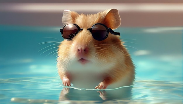 Happy Hamster se divertindo nas férias de verão em uma piscina