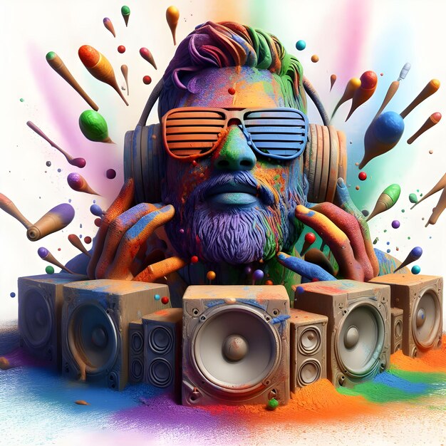 Happy Holi Kunst wünscht DJ Musik Party bunter Splash spielt Holi weißer Hintergrund