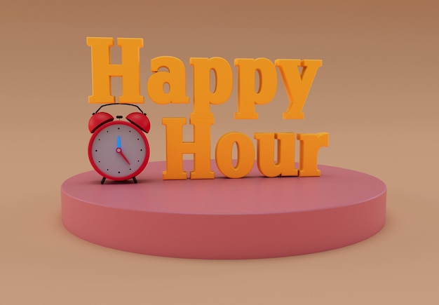 Happy Hour 3D-Darstellung der Happy Hour an der Bar minimaler Schriftzug mit Wecker