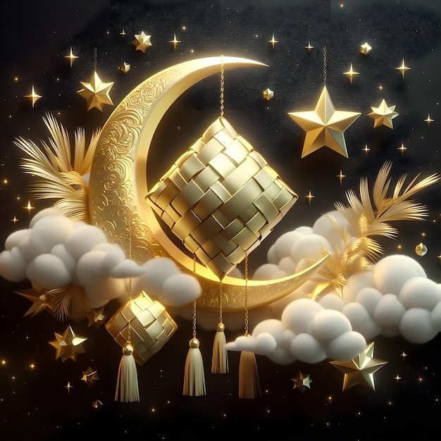 Happy ied mubarak AI generado con 4D estrella luna y nubes ornamento