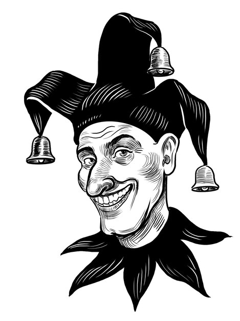 Happy Joker-Charakter in Retro-Stil, handgezeichneter Schwarz-Weiß-Illustration