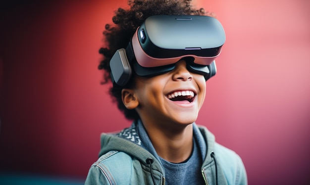 Happy Kid genießt die Verwendung von VR, der futuristischen Bildung und Unterhaltungstechnologie Pastell-Hintergrund