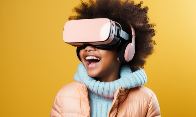 Happy Kid genießt die Verwendung von VR, der futuristischen Bildung und Unterhaltungstechnologie Pastell-Hintergrund