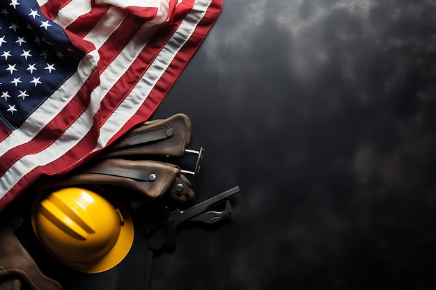 Happy Labor Day Konzept Amerikanische Flagge mit verschiedenen Bauwerkzeugen auf dunklem Steinhintergrund