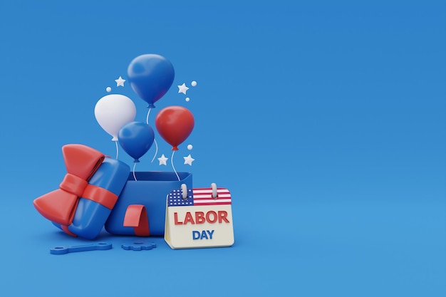 Happy Labor Day usa concept cajas de regalo con herramientas de construcción y renderizado 3d de globos