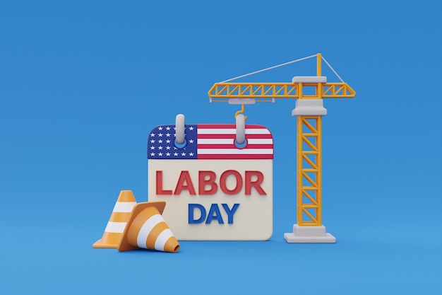 Happy labor day usa konzept mit kalender und bauwerkzeugen auf blauem hintergrund 3d-rendering