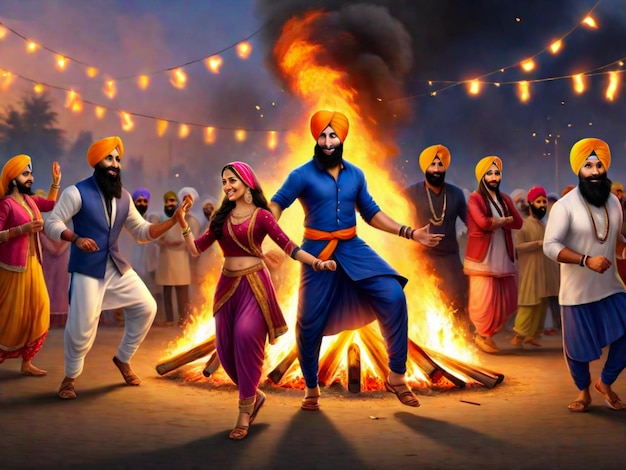 Foto happy lohri festival sikh indiano pano de fundo família sikh indiana dançando em torno de fogueira