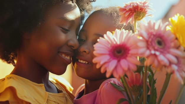 Happy Mothers Day Concept Schwarzes Kind begrüßt seine Mutter mit Blumen und Kopierfläche