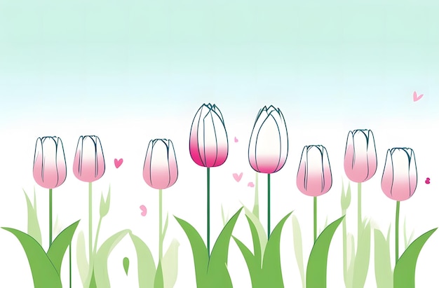 Happy Mothers Day Konzept Motivationsposter mit einem Feld von Tulpen auf einem hellen Hintergrund