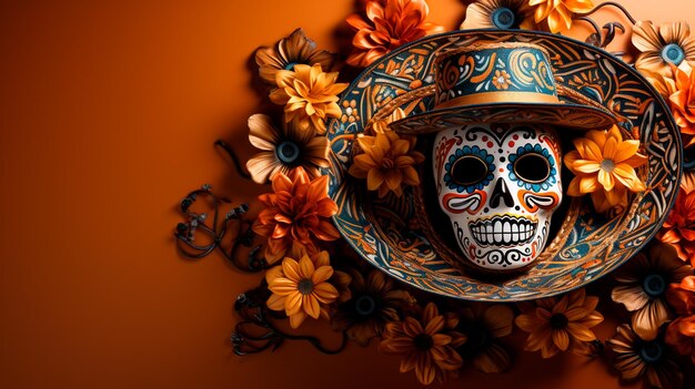 Happy Muertos, traditioneller mexikanischer Hut mit orangem Schädel auf orangefarbenem Hintergrund