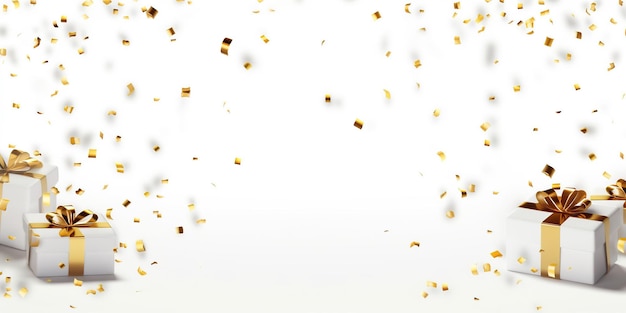 Foto happy new year and merry christmas white gift boxes with golden bows and sequins generative ai