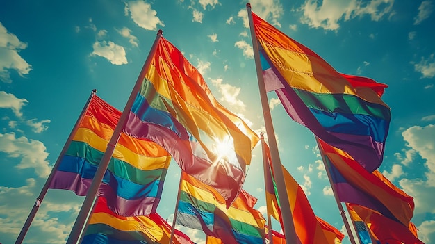 HAPPY PRIDE MONTH 2023 auf bewölkter Blau-Himmel und Regenbogen-Flaggen Hintergrundkonzept für das Anrufen