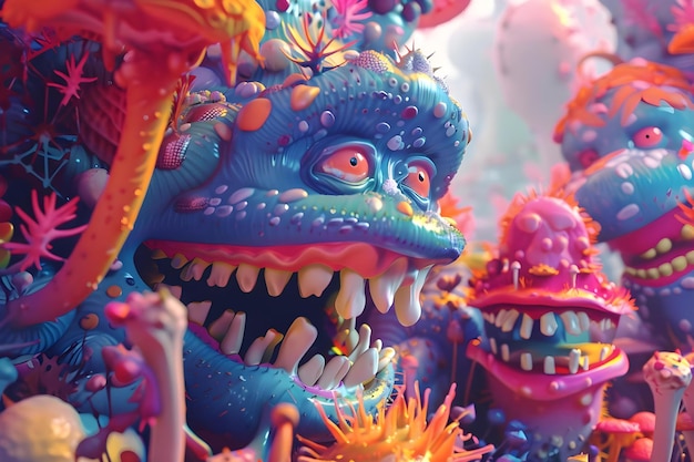Happy psychedelic wonderland Imagem surreal vívida com monstros estranhos cores trippy e um grande sorriso Conceito Arte surreal criaturas psicodélicas imagens coloridas expressão alegre