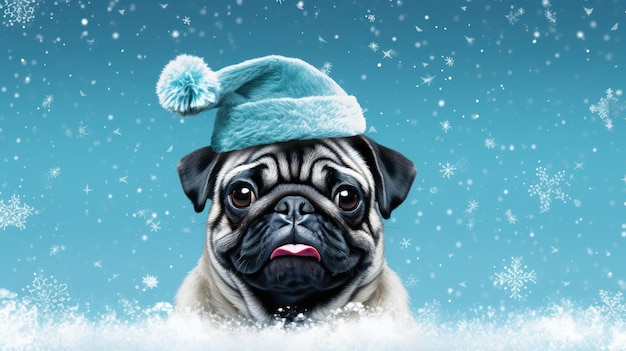 Happy Pug en Winter Wonderland generado por IA