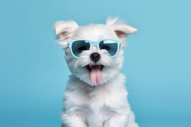 Happy Puppy Dog Portrait mit Sonnenbrille isoliert auf blauem Studiohintergrund mit Farbverlauf