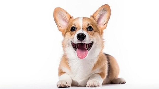 Happy Puppy Welsh Corgi 14 Wochen alter Hund zwinkert keuchend und sitzt isoliert auf weiß