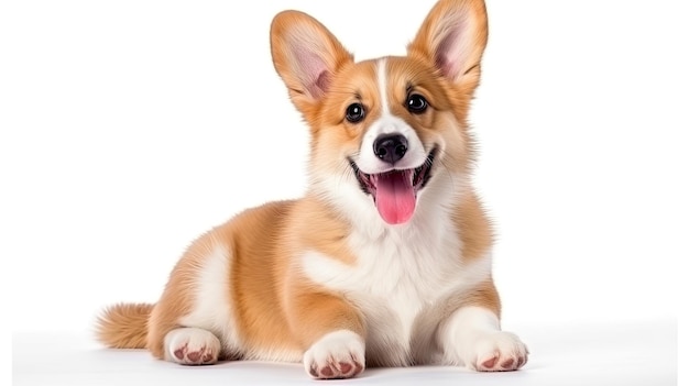 Happy Puppy Welsh Corgi 14 Wochen alter Hund zwinkert keuchend und sitzt isoliert auf weiß