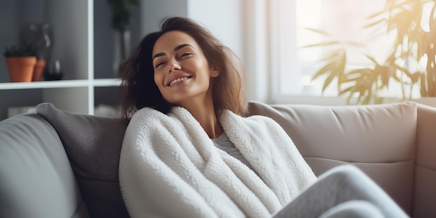 Foto happy relaxed woman relaxing on comfortable sofa in modern interior of her own apartment