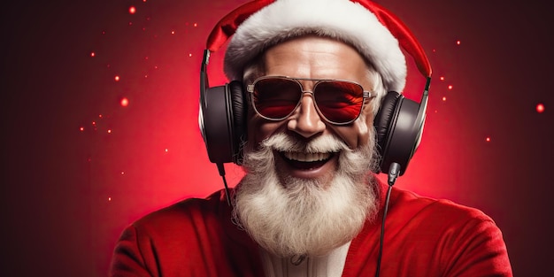Happy Santa Claus con auriculares disfruta de la música creando un ambiente festivo al ritmo de sus amadas melodías AI Generative AI